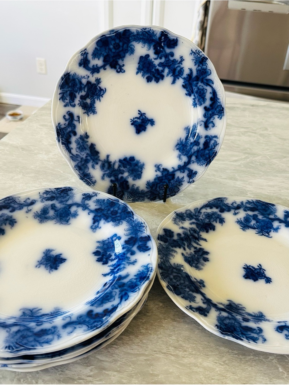Flow Blue plates feature the "Lancaster" pattern by New Wharf Pottery Set of 6